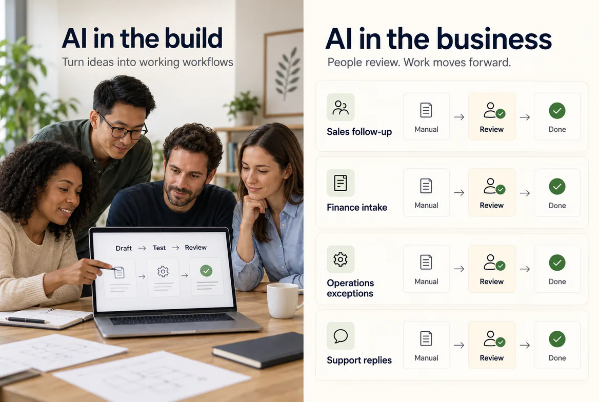 A team using AI to draft a business app, beside sales, finance, operations, and support tasks moving from manual work to done.