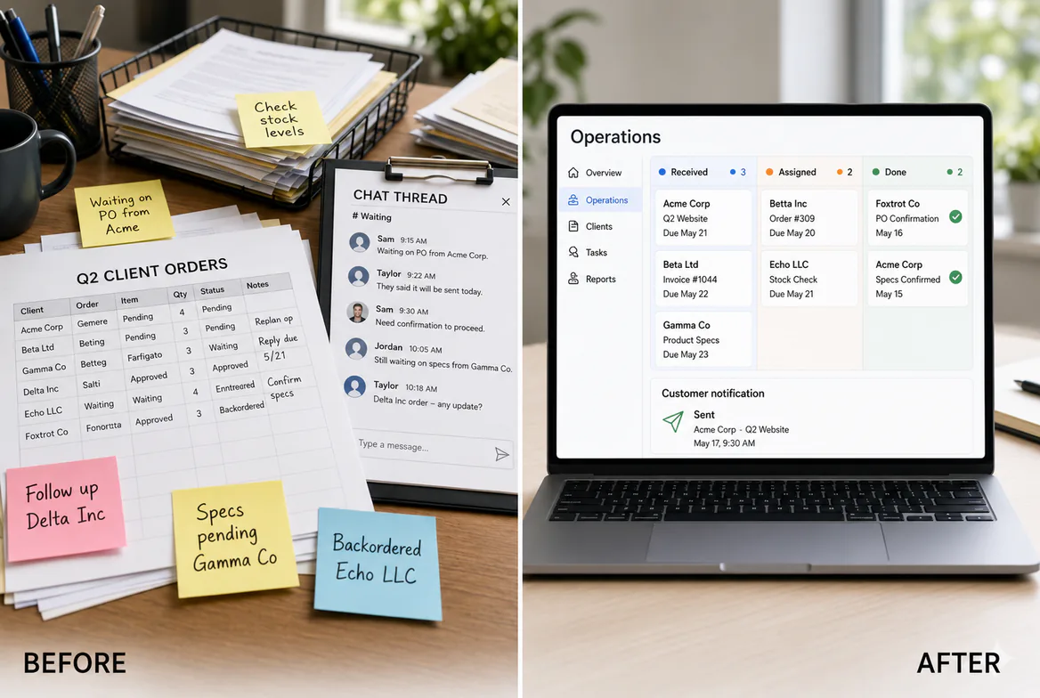 Paper orders and chat on the left, one operations board with a customer notification on the right.